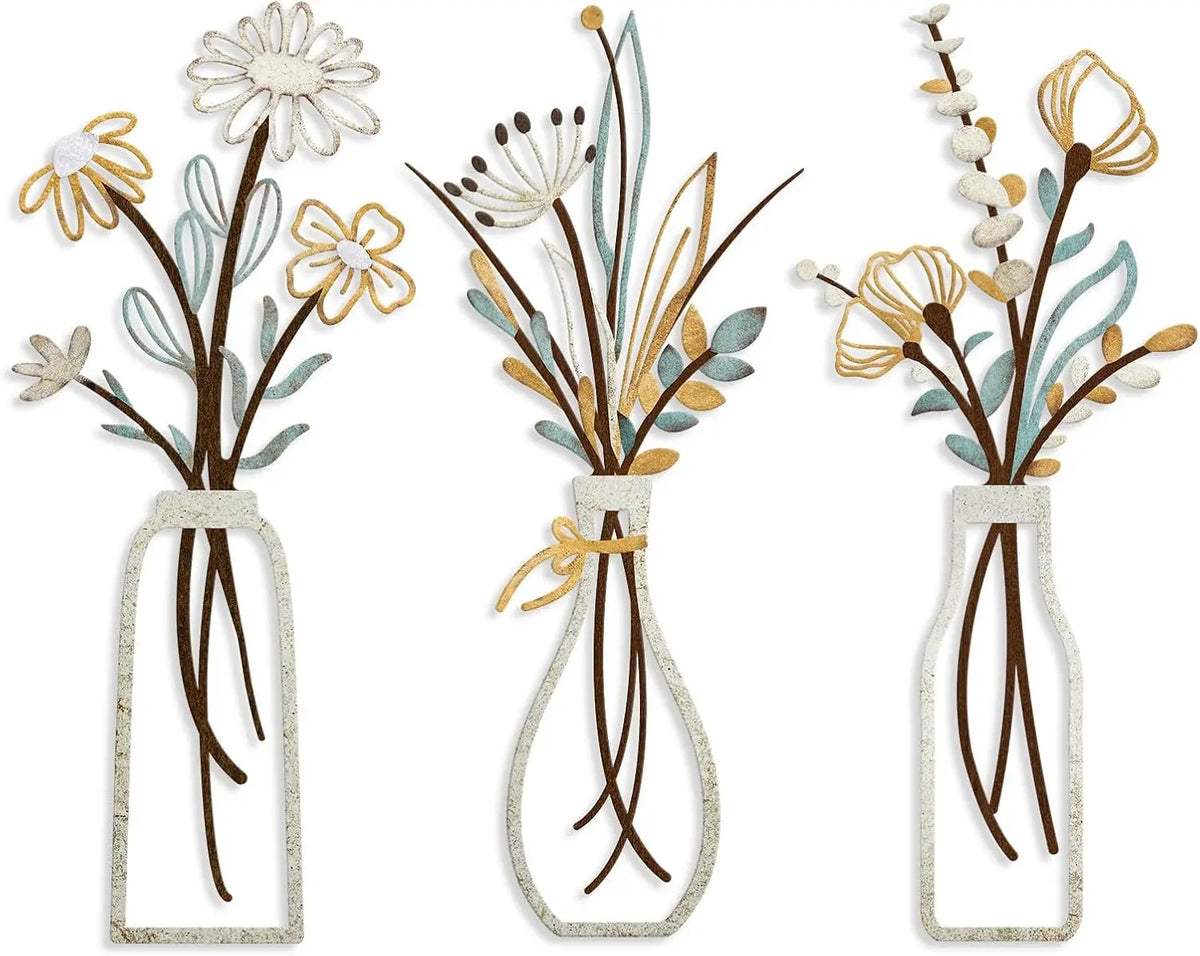 3-piece rustic metal flower wall art set
