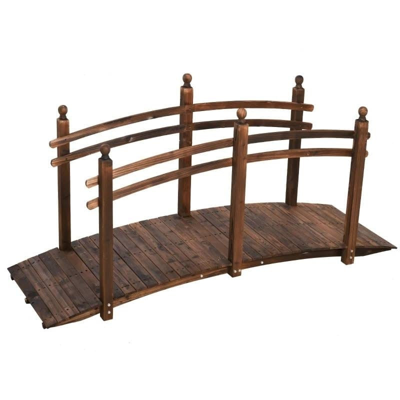 Carbonized wood garden bridge with handrails